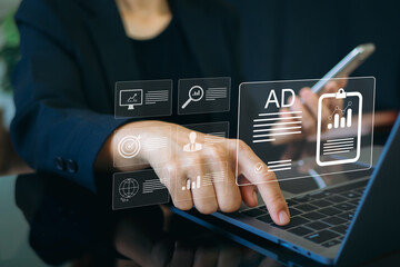 Digital marketing commerce online sale concept, Businesswoman use laptop with advertising on...