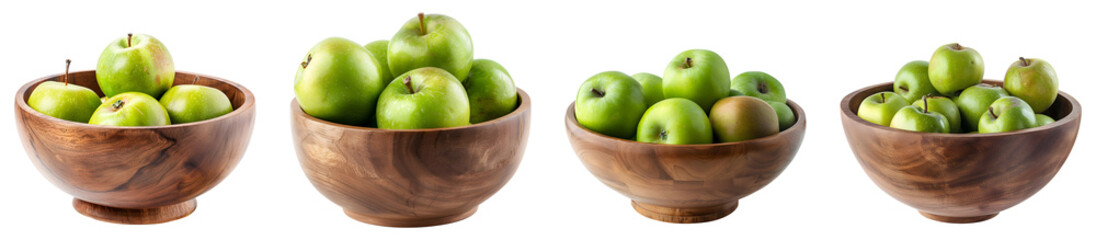 Green apples, wooden bowl, isolated, PNG set