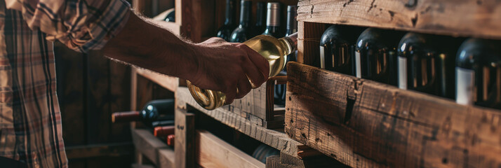 Caucasian Man Choosing a Wine Bottle from Wooden Shelf in Rustic Cellar