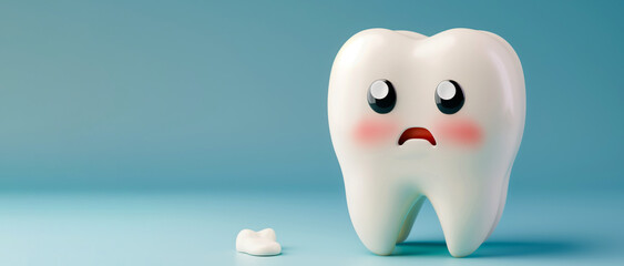  Cartoon tooth with a sad face and a missing tooth, depicting dental pain and loss.