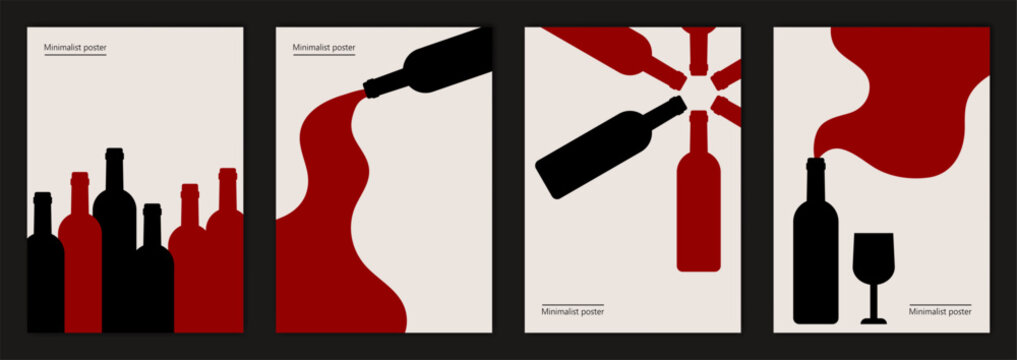 Set of vector illustrations with bottles of wine. Minimalist posters design in red and black colors.