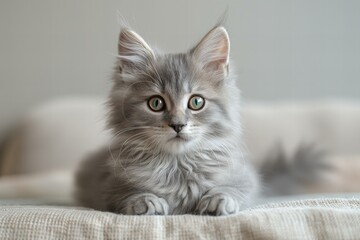 A grey cat sits and is looking into the camera, high quality, high resolution