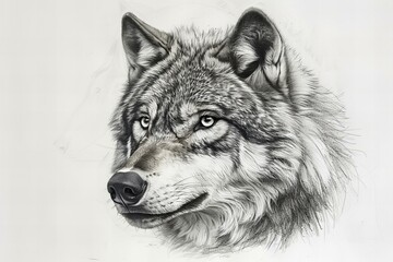 Featuring a  wolf head drawn in pencil on a white base, high quality, high resolution