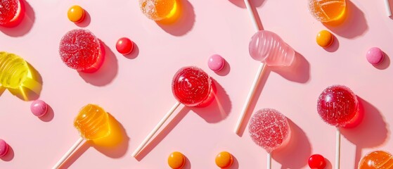 Bright top-down view of lollipops, different gummies, and candies, captured on an isolated background with studio lighting