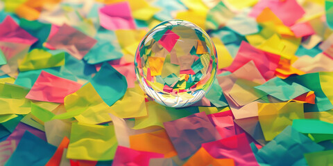 Transparent Orb Among Colorful Confetti with Vibrant Colors