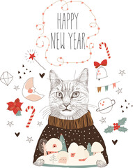 Funny Cat putting Paw in Magic Jar. Vector Illustration