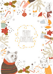 Vector Cartoon Frame with Cute Animals and Christmas Elements