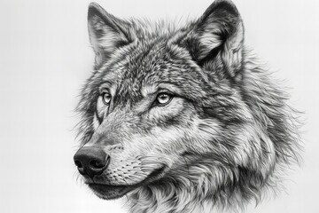 Digital image of  wolf head drawn in pencil on a white base, high quality, high resolution