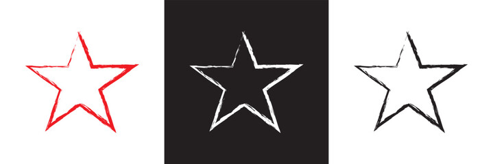 Obraz premium Star icons with grunge texture set. Vintage retro style. Design elements. Black silhouette, isolated on white and black background. Grungy artistic template. Distressed symbol. Paint brush. vector