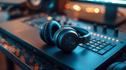 Aerial view of headphones and in-ear monitors on a laptop keyboard, isolated background with professional studio lighting