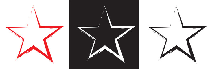 Obraz premium Star icons with grunge texture set. Vintage retro style. Design elements. Black silhouette, isolated on white and black background. Grungy artistic template. Distressed symbol. Paint brush. vector