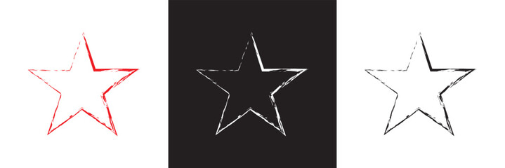 Star icons with grunge texture set. Vintage retro style. Design elements. Black silhouette, isolated on white and black background. Grungy artistic template. Distressed symbol. Paint brush. vector