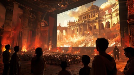Obraz premium Immerse viewers in a lifelike recreation of historical events, combining Virtual Reality with Graphic Design, at an eye-level angle