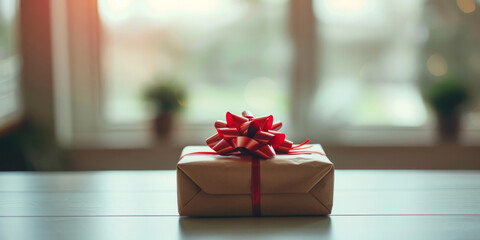 Simple Elegant Gift Wrapped in Brown Paper with Red Ribbon