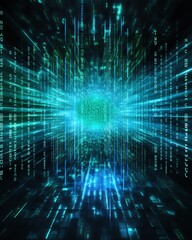 Data streams with shield icons, blue binary code, cyber security, abstract tech
