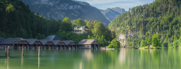 Passenger boat station, pier or dock on Konigsee lake in Berchtesgaden, Germany