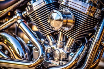 A close-up view of a motorcycle engine, focusing on the exposed parts like the carburetor, exhaust...