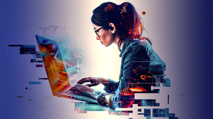 Vibrant digital workspace with a young woman showcasing the fusion of technology and creativity through her dynamic pose
