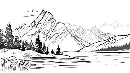 Monochrome drawing of a peaceful mountain scene with pine trees, a calm lake, and towering peaks in the distance
