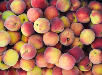 Peaches Fruits Background In The Grocery Market. Healthy And Tasty Vegetarian Food. Top View