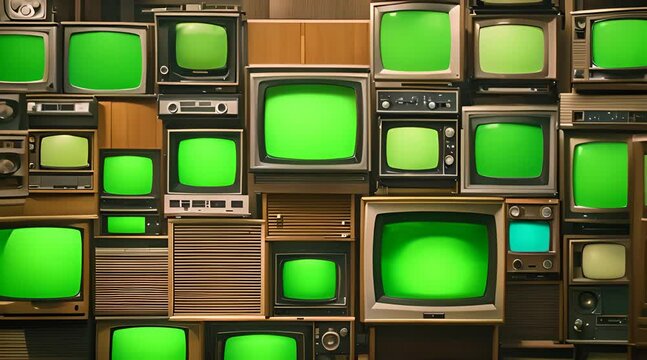 Nostalgic Retro Vibes: Stacked Vintage TVs Illuminated with Green Screens