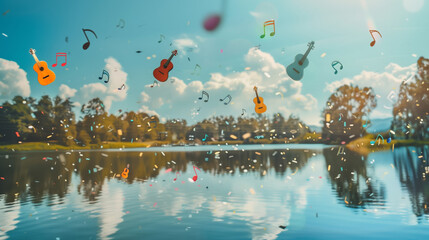 A creative representation of International Music Day with instruments floating in the air above a serene lake, each emitting soft, colorful musical notes 