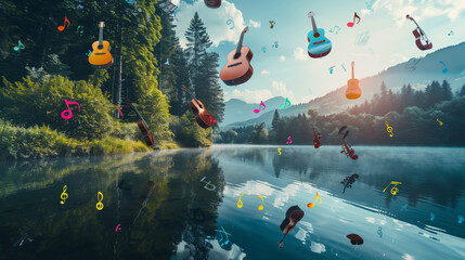 Perfect photo, stock photo style: A creative representation of International Music Day with instruments floating in the air above a serene lake, each emitting soft, colorful musical notes 