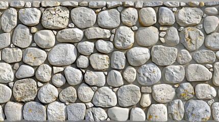  A tight shot of a stone wall comprised of irregularly shaped stones Yellow specks dot the tops and bases of the rocks forming the wall's foundation