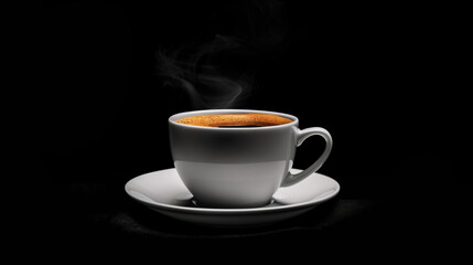 Freshly brewed coffee in a white cup, steam rising, on a black background 