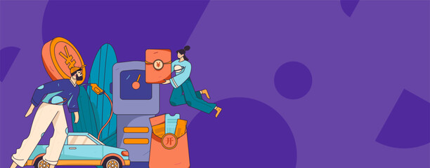 Vector Internet operation hand-drawn illustration of people getting discounts for refueling their cars
