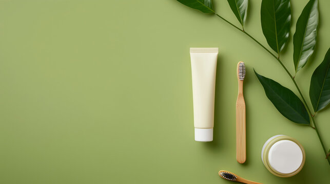 Bamboo eco natural toothbrush with tooth paste isolated on green background