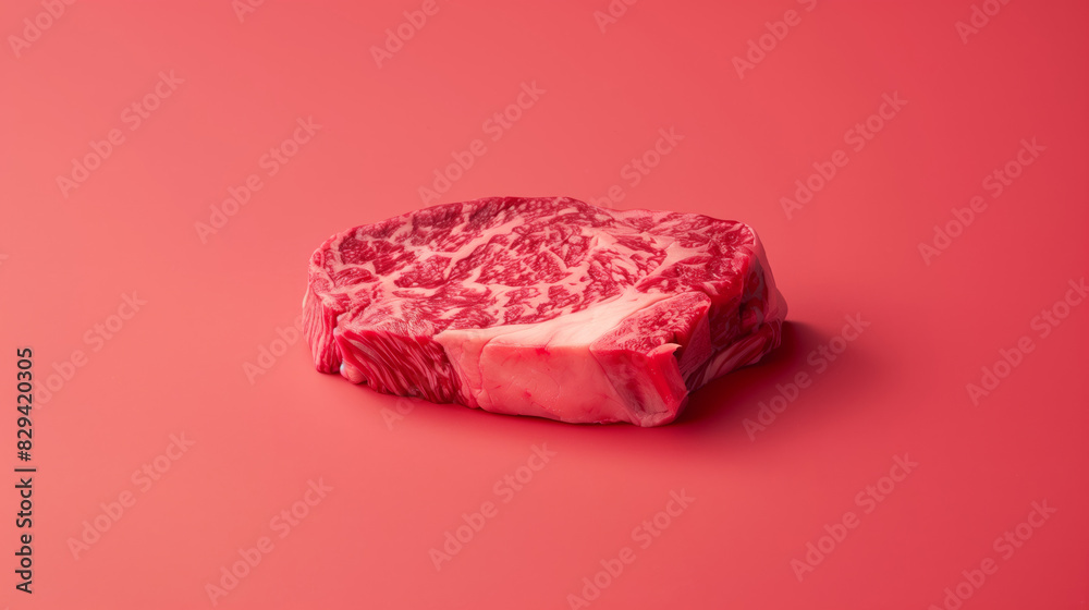 Wall mural A single piece of Wagyu beef steak, raw and marbled, isolated on red background  - Wall murals