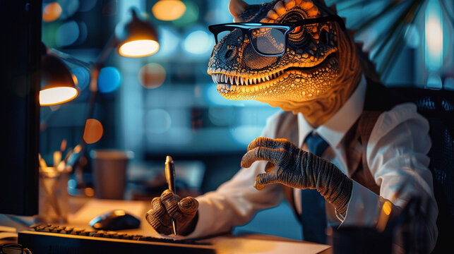 An office dino wearing glasses and a tie, sitting at a computer desk 