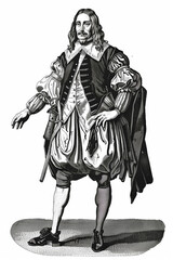 engraving of costume of man 17 century isolated on white background 