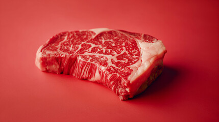 A single piece of Wagyu beef steak, raw and marbled, isolated on red background 