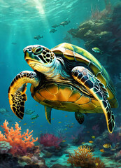 Obraz premium Sea Turtle Splashing in Ocean Waters - Underwater Wildlife Photography