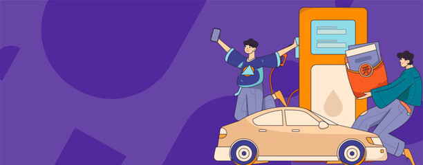 Vector Internet operation hand-drawn illustration of people getting discounts for refueling their cars
