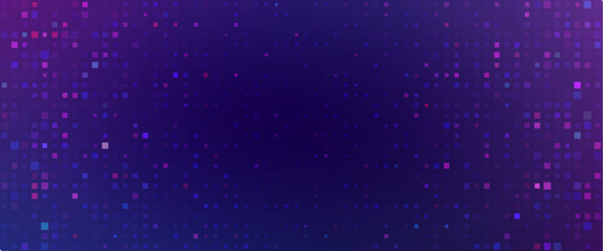 Purple abstract pixel texture bg video screen. Tv pattern background with square noise effect. Futuristic broadcast neon gradient banner for television. Modern vhs led static display element