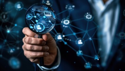 Fototapeta premium Magnifying glass held by businessman focusing on customer icons. Concept of target audience and market analysis.