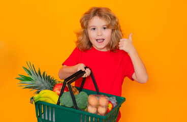 Child with shopping basket. Studio isolated portrait of cute kid hold shopping cart with grocery.