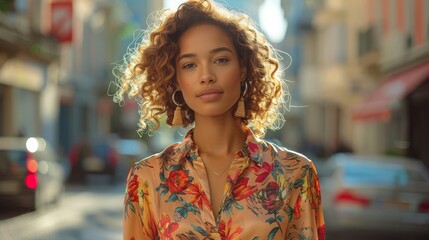 Fototapeta premium A striking, modern fashion model graces the urban streetscape created with Generative AI technology