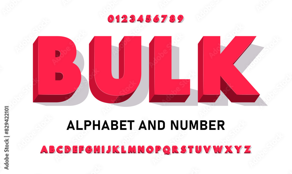 Fototapete red volumetric 3d font with flat colors. red chic bright bold 3d alphabet with symbols and numbers.