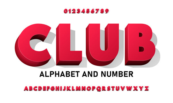 Red volumetric 3D font with gradients. Red chic bright bold 3D alphabet with symbols and numbers.