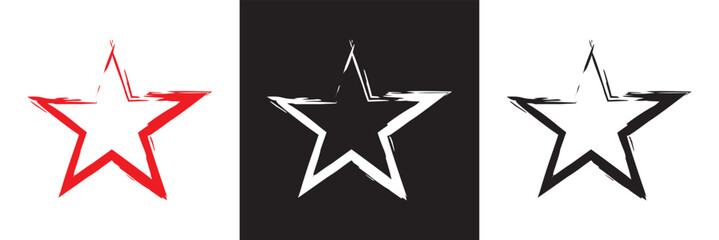 Obraz premium Star icons with grunge texture set. Vintage retro style. Design elements. Black silhouette, isolated on white and black background. Grungy artistic template. Distressed symbol. Paint brush. vector
