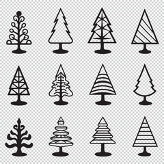 Simple christmas pine tree icons set, black vector illustration on transparent background