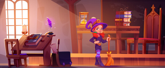 Magic wizard school interior with kid girl witch in hat and with broom stick. Cartoon vector cute little student standing inside classroom with blackboard and teacher desk, table and chair, books.