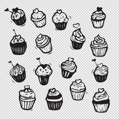 Cupcake doodle design set, black vector illustrations on transparent background