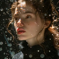 a woman making magic, on a background of black starry sky. Her face is half in shadow, and she's facing the camera created with Generative AI technology