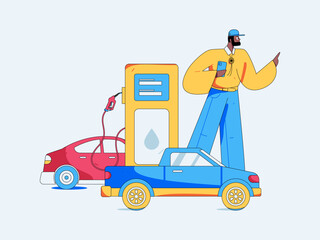 Vector Internet operation hand-drawn illustration of people getting discounts for refueling their cars
