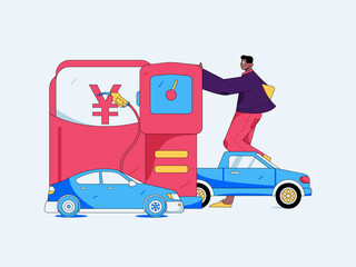 Fototapeta premium Vector Internet operation hand-drawn illustration of people getting discounts for refueling their cars 